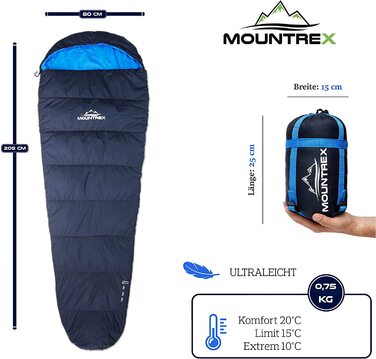 Спальний мішок MOUNTREX ультралегкий 760г, компактний, літній, для кемпінгу, подорожей, фестивалів, мумія, теплий, темно-синій, з'єднуваний, ліва блискавка