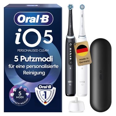 Електрична зубна щітка Oral-B iO Series 5, набір з 2 шт. (чорна та біла), 2 змінні насадки та футляр