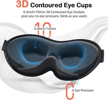 INNELO 3D маска для сну для чоловіків і жінок, чорна, з ергономічною формою, глибокими очними поглибленнями, підвищеним носовим упором, повне блокування світла, меморі фоам, дихаюча, для подорожей