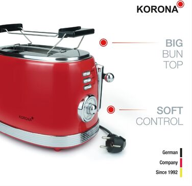 Тостер Korona 21668, 2 скибки, ретро дизайн, червоний, 850 Вт, 6 режимів, розморожування, підігрів, насадка для булочок, піддон для крихт, центрування хліба