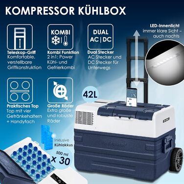 Автомобільний компресорний холодильник KESSER 42L з Wi-Fi, 12/24/230V. Морозильна камера до -20°C, колеса, телескопічна ручка для кемпінгу, фургону, вантажівки + 2 акумулятори холоду 42л, темно-синій