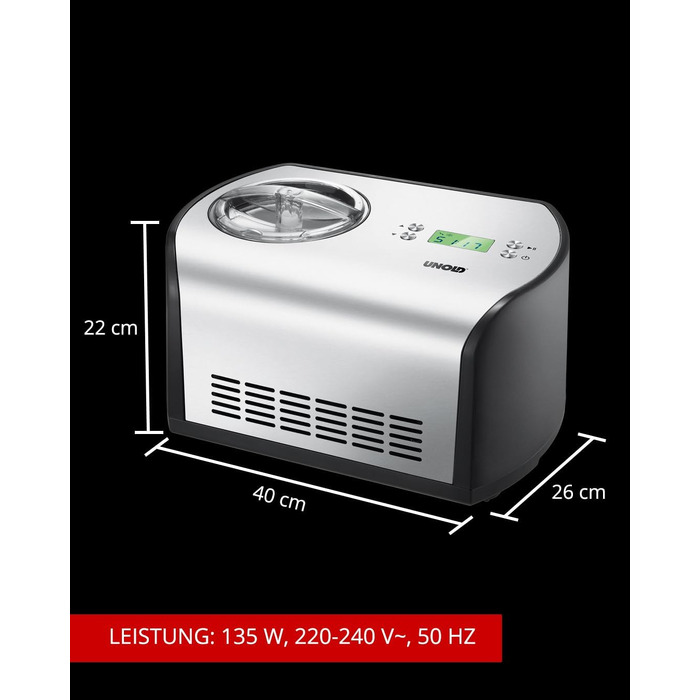 Морожениця Unold One 48865 Чорна з компресором, 1.2л, для веганського та безлактозного морозива, нержавіюча сталь, LCD-дисплей