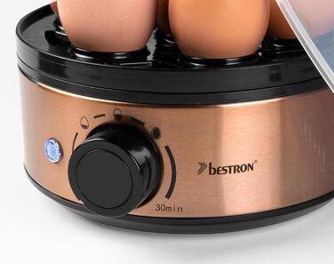 Електрична яйцеварка Bestron на 7 яєць, з акустичним сигналом, захистом від перегріву, регулюванням ступеня приготування, мірним стаканом і голкою, чорна/мідна