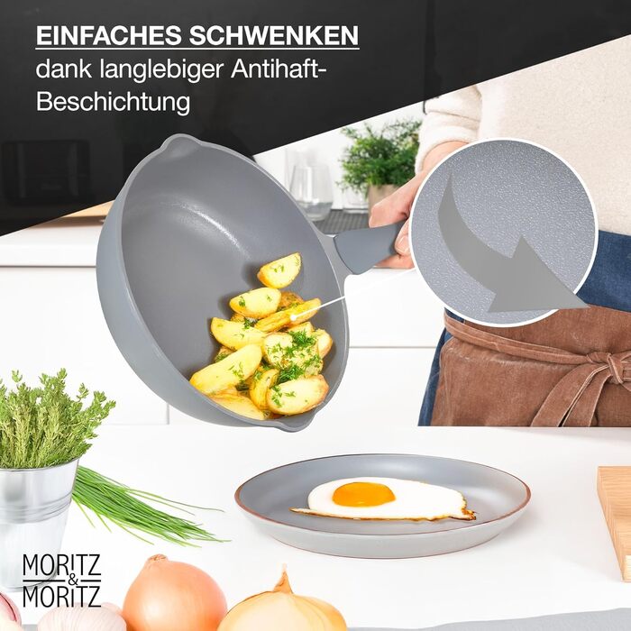 Сковорода Moritz & Moritz 26 см з кришкою, антипригарна, сіра, з м'якою ручкою, для смаження, тушкування і приготування на пару, підходить для всіх типів плит