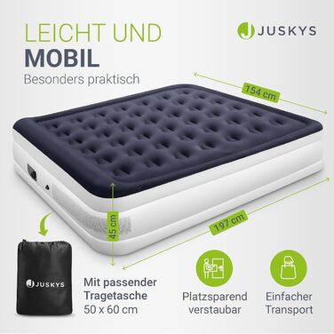 Надувний матрац Juskys 150x200 см з самонадуваємою системою - двомісний, для гостей та кемпінгу, водовідштовхувальний, блакитно-білий