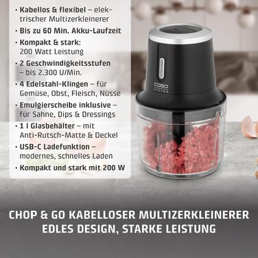 Бездротовий подрібнювач CASO Chop & Go, 4 сталеві леза, 2300 об/хв, акумулятор на 60 хв, чорний, арт. 1747