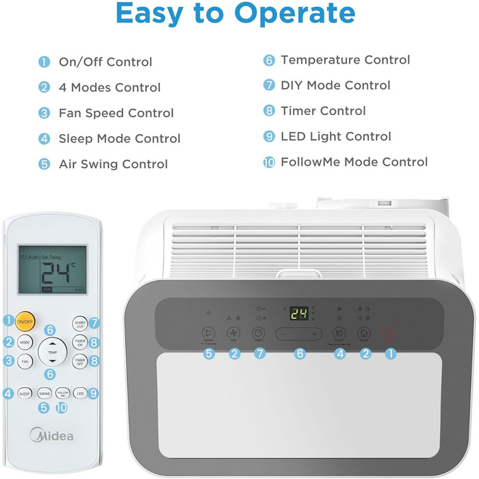 Мобільний кондиціонер Midea Silent Cool 26 Pro WF 9000 BTU, 2,6 кВт, для приміщень до 33 м², охолодження, вентиляція, осушення, з Wi-Fi, керування через додаток, Alexa, Google Home, IFTTT, з відвідним шлангом
