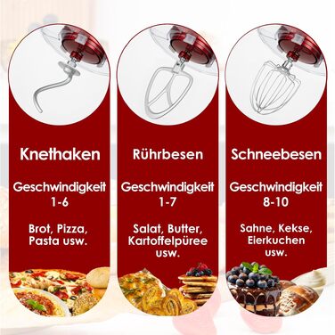 Кухонний комбайн Kitchen in the box Fab-Serie 6L: потужний планетарний міксер 1300 Вт, 10 швидкостей, з набором насадок (гак, вінчик, міксер), червоний