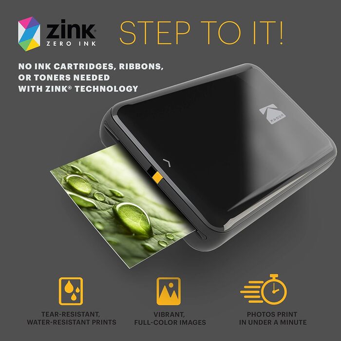 Фотодрук KODAK Step: Портативний міні-принтер для смартфонів, друк фотографій 2x3” на плівці Zink, Bluetooth, iOS & Android, чорний