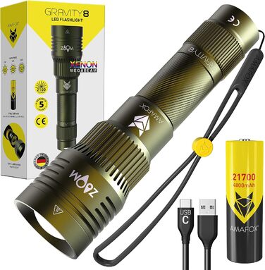 Ліхтарик AMAFOX G8-2100 люмен XENON Megabeam, LED, акумулятор 21700 mAh, військовий зелений, надяскравий, USB-C зарядка