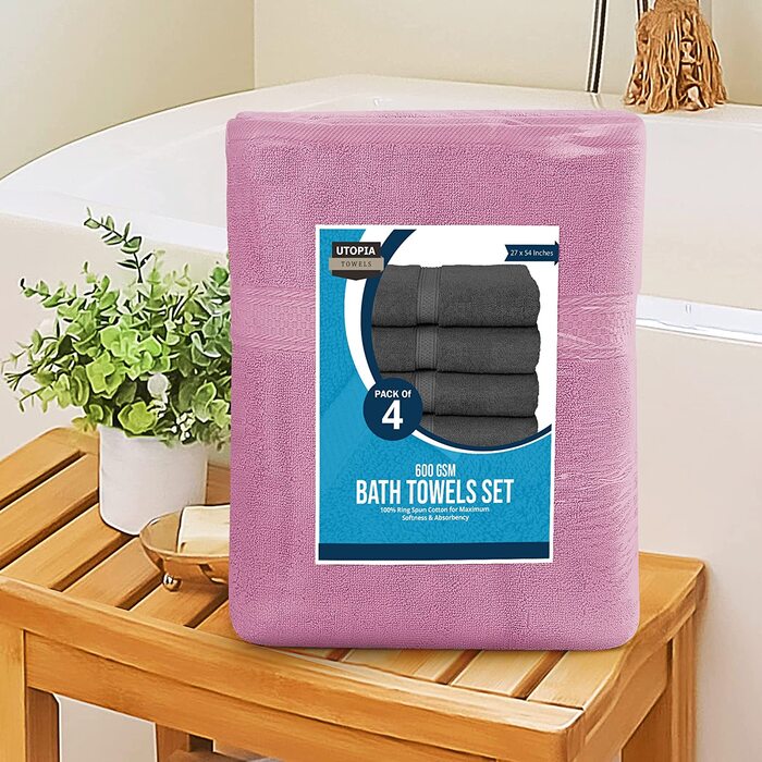 Рушники для ванни Utopia Towels, набір 4 шт, 100% бавовна, 600 г/м², швидковисихаючі, дуже вбираючі, м'які, рожеві, 68.6x137.2 см