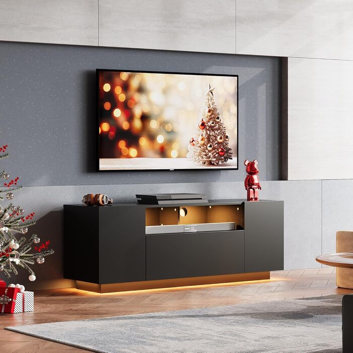 Тумба під телевізор WLIVE Schwarz 122x36x45 см, чорна глянцева з LED-підсвіткою та шафами