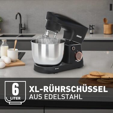 Кухонна машина Heinrichs 1500W з місткою чашею 6L з нержавіючої сталі, 10 швидкостей, титан, міксер, тістоміс, планетарний міксер