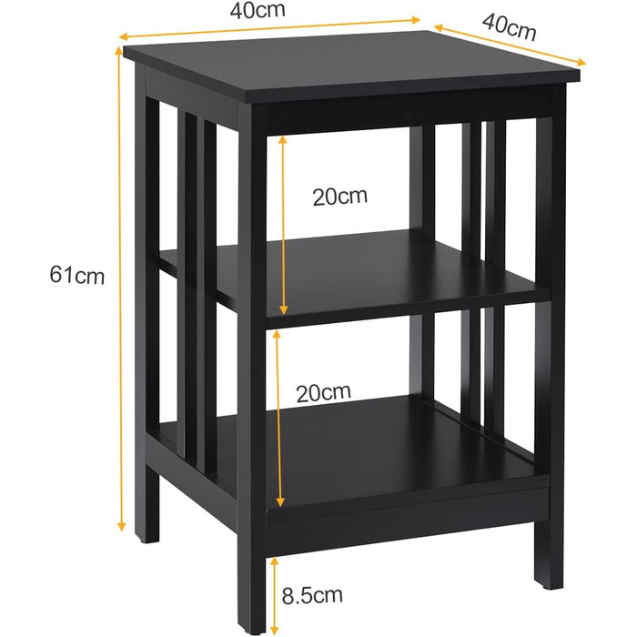 Приліжковий столик COSTWAY, 3 рівні, набір 2 шт, II-подібна форма, чорний, 40x40x61 см, для спальні та вітальні