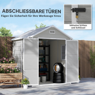 Outsunny Garden Shed 2,4 м², Водонепроникний садовий сарай з підлоговим моноскатним дахом, 182x151x219/181 см, Сарай для інструментів з дверима, що замикаються, Вікно Велосипедний гараж, Садова шафа з алюмінію, для заднього двору, Саду, Сірий