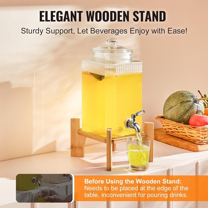 Диспенсер для напоїв VEVOR 5.7л скляний з краном, для вечірок, ресторанів, готелів. Стійка в комплекті