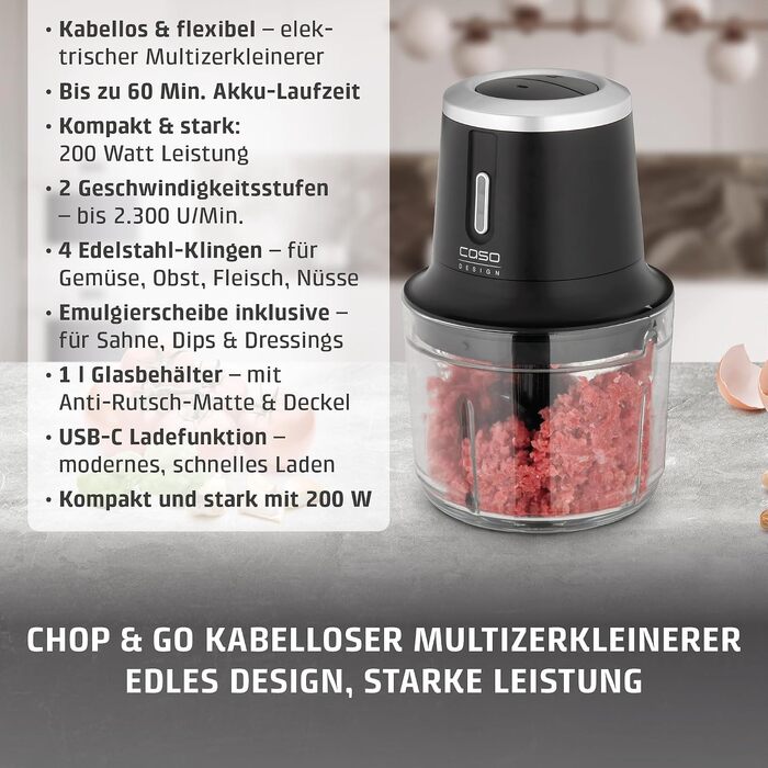 Бездротовий подрібнювач CASO Chop & Go, 4 сталеві леза, 2300 об/хв, акумулятор на 60 хв, чорний, арт. 1747