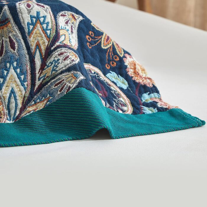 Преміум плед Bailix Boho з 100% бавовни, двостороння муслінова ковдра 200x230 см для дивана та ліжка, декоративна patchwork ковдра в стилі бохо, колір Indigo-traum