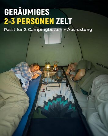 Намет для кемпінгу KingCamp на 2-3 особи, просторий водонепроникний (3000 мм), зелений