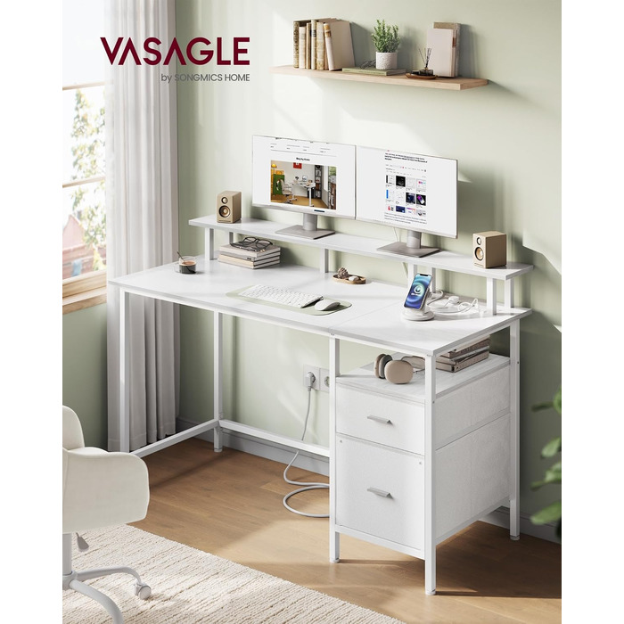 Ігровий стіл VASAGLE з шухлядами, тримачем для монітора, USB, розетками - 140x60 см, колір: білий клен