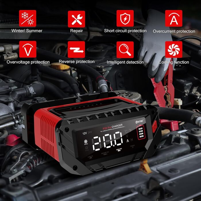 Автоматичний зарядний пристрій HTRC 12В/24В 20A для автомобільних акумуляторів: універсальний заряд для авто, мотоцикла, газонокосарки, човна, літієвих (LiFePO4) та свинцево-кислотних (AGM, Gel, MF, EFB, SLA, VRLA, Wet) акумуляторів