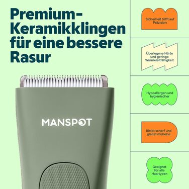 Триммер для тіла MANSPOT Intimrasierer, професійний водонепроникний тример для чоловіків з 4 насадками для інтимної зони, грудей, ніг та пахв – для сухого та вологого гоління (Зелений)