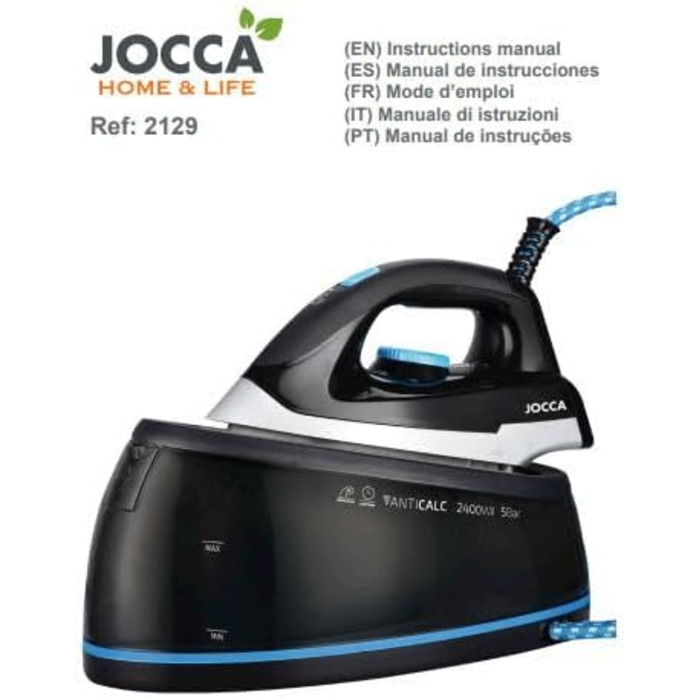 Парова праска-станція JOCCA 2400 Вт, 5 бар, керамічна підошва Silver MAX, антинакип, 2 л, постійна пара, чорна/синя, для всіх тканин