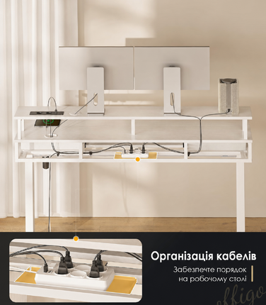 Регульований стіл OffiGo 120 см з висувними ящиками, електричний, з підставкою для клавіатури, для комп'ютера, з підставкою для монітора, з розетками та світлодіодною стрічкою, білий 120×54 см