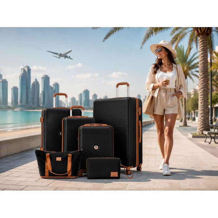 Набір валіз Travelhouse Bari Premium (6 предметів): міцний легкий дорожній сет з ABS-пластику, 4 тролеї з TSA-замком та колесами 360°, сумка для подорожей та косметичка, чорний