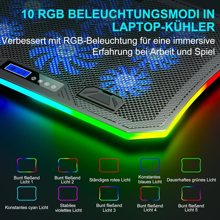 Охолоджувач для ноутбука RGB Gaming — підставка з вентиляторами для ігрового ноутбука, для столу та колін