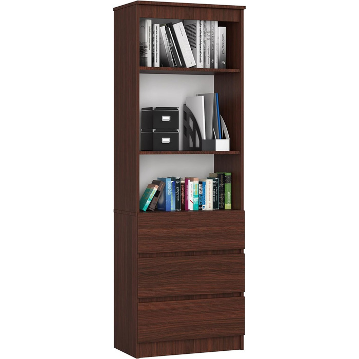 Книжкова шафа AKORD CLP 60 см, 3 ящики, 3 полиці, ламінована плита 16 мм, венге, мінімалізм, для вітальні та спальні