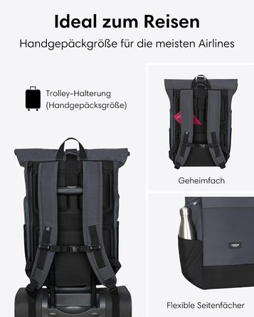 Рюкзак LARKSON Rolltop 21 л для ноутбука 16'' сірий — універсальний міський рюкзак для жінок і чоловіків, для університету, роботи, велосипеда, подорожей, з відділенням для ноутбука та кріпленням на валізу