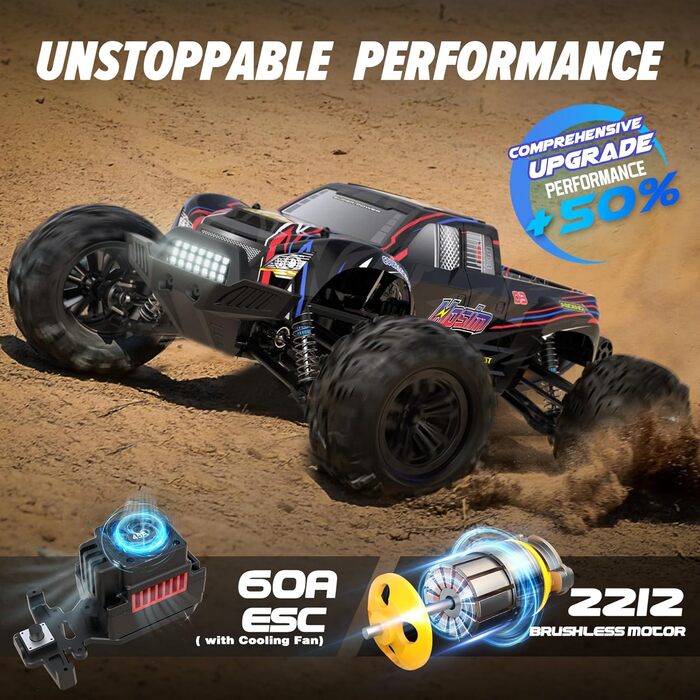 Радіокерований автомобіль Hosim 1:10, 60 км/год, 4WD позашляховик Monstertruck, 2 акумулятори, водонепроникний, для дорослих та дітей від 8 років, чорний