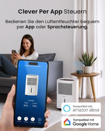 Pro Breeze® Eco Kompakt 12L/день: Електричний осушувач повітря з LED-дисплеєм, функцією сушіння білизни та Smart App (20 м²)