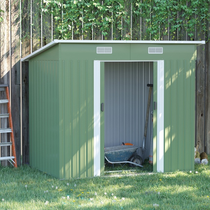 Сховище для інструментів Outsunny з металу, 2,3 м², розміром 207 x 130 x 182 см, з похилим дахом, вікном, фундаментом та розсувними дверима, стійке до погодних умов. Садовий будиночок, присадибний сарай для заднього двору, зелений колір | Aosom