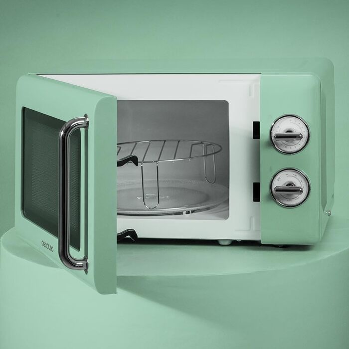 Мікрохвильова піч Cecotec Proclean 3110 Retro Green: механічна, 700 Вт, 6 рівнів, таймер до 30 хв, розморожування, зелений колір, ретро-дизайн