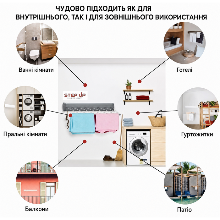 Настінна розсувна сушарка для білизни Step Up, складна, для дому та вулиці, компактний дизайн, витримує до 25 кг, довжина 6 м, індустріальний сірий, 100 см