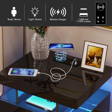 Нічний столик Lvifur з LED-підсвічуванням, сенсором руху та USB/Type-C зарядкою, 2 шухляди, бездротова зарядка, 3 кольори, регулювання яскравості, чорний колір