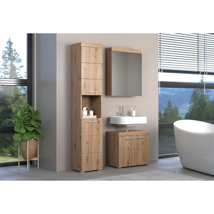 Висока шафа для ванної кімнати trendteam Amanda, 37x190x31 см, колір дуб Асте, Badschrank, сучасний дизайн