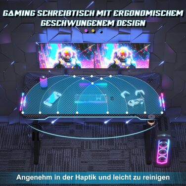Ігровий стіл JUMMICO з RGB LED-підсвіткою, комп'ютерний стіл для геймерів та Home-office з тримачем для навушників та підстаканником, чорний (140 x 60 см)