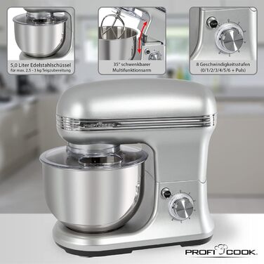 Міксер ProfiCook PC-KM 1222 W з чашею 5 л, вагами та спеціальним редуктором, 1200 Вт, 8 швидкостей, нержавіюча сталь