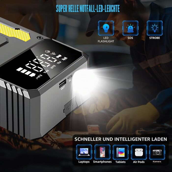 Пусковий інвертор (бустер) для авто з компресором 6000А, портативний Jump Starter Powerbank з LED-ліхтарем та дисплеєм, жовтий