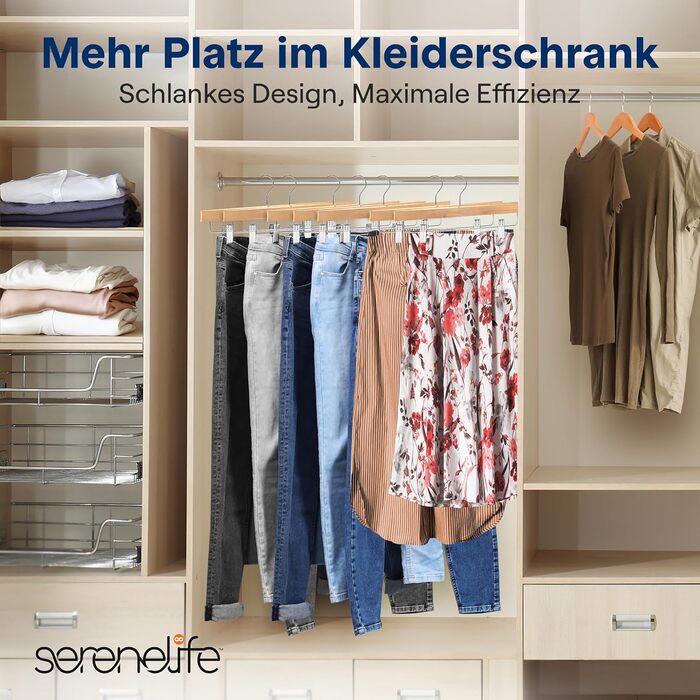 Дерев'яні вішалки для штанів SereneLife з кліпсами (20 шт.), 35,6 x 1,3 x 17 см, для джинсів, шортів, штанів
