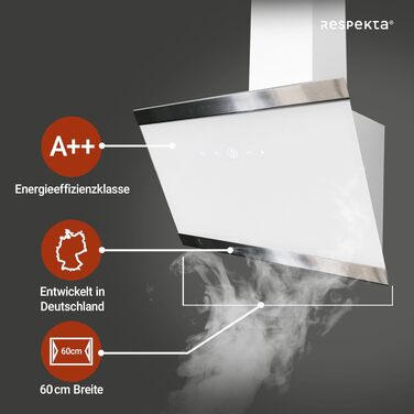 Похила витяжка Respekta CH89060S Generation 2, 60 см, біла, скляний екран з нержавіючою сталю, режим відводу та рециркуляції, клас A++