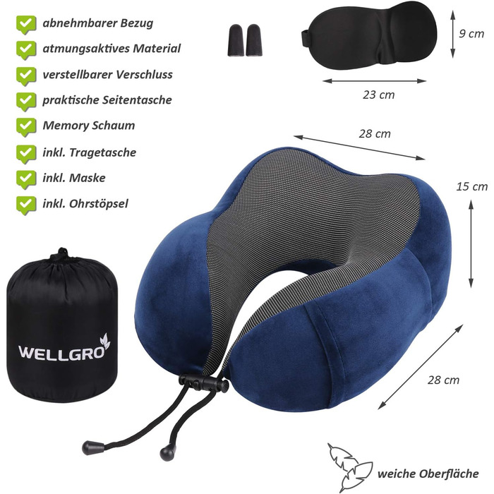 Дорожній набір WELLGRO: ортопедична подушка для шиї з пам'яттю форми, 3D маска для сну, беруші, знімний чохол, темно-синя