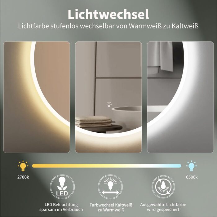 Дзеркало для ванної кімнати HOKO Design Riga, кругле, 60 см, з металевим каркасом, LED-підсвічування, сенсорне управління, регулювання кольору світла (80x80 см, срібло)