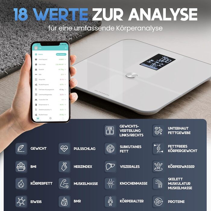 Цифрова вага для аналізу складу тіла HELDENWERK з Bluetooth, додатком, повноцінним сенсором, до 180 кг, визначення жиру, ІМТ, м'язової маси, білка, BMR, біла (дизайн Elegance)