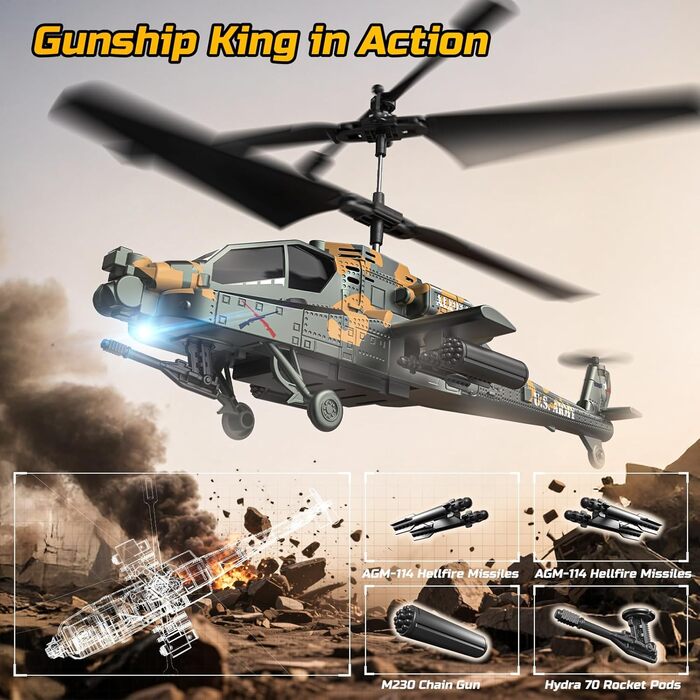 Радіокерований вертоліт DEERC Apache 2.4GHz, 2 акумулятори, 26 хв польоту, LED, стабілізація висоти, легкий старт, для приміщень, камуфляжний колір - ідеальний подарунок для хлопчиків