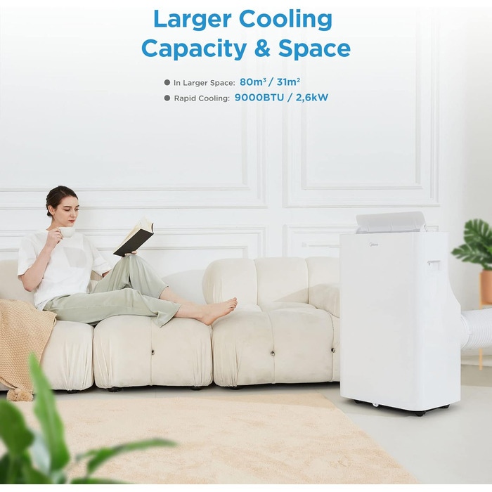 Мобільний кондиціонер Midea Silent Cool 26 Pro WF 9000 BTU, 2,6 кВт, для приміщень до 33 м², охолодження, вентиляція, осушення, з Wi-Fi, керування через додаток, Alexa, Google Home, IFTTT, з відвідним шлангом