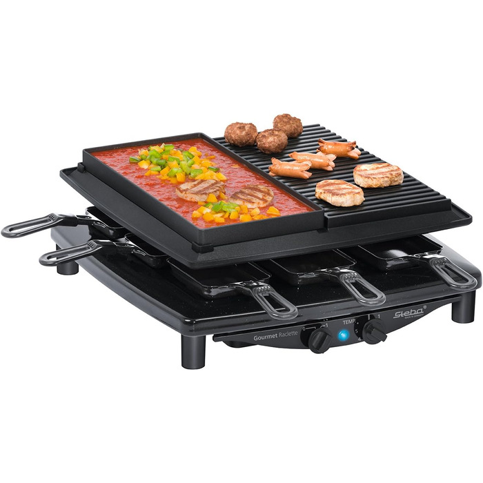 Раклетниця Steba RC 4 Plus Deluxe з антипригарною литою та натуральною кам'яною плитою, 8 емальованих лотків, 29x29 см, виробництво Німеччина